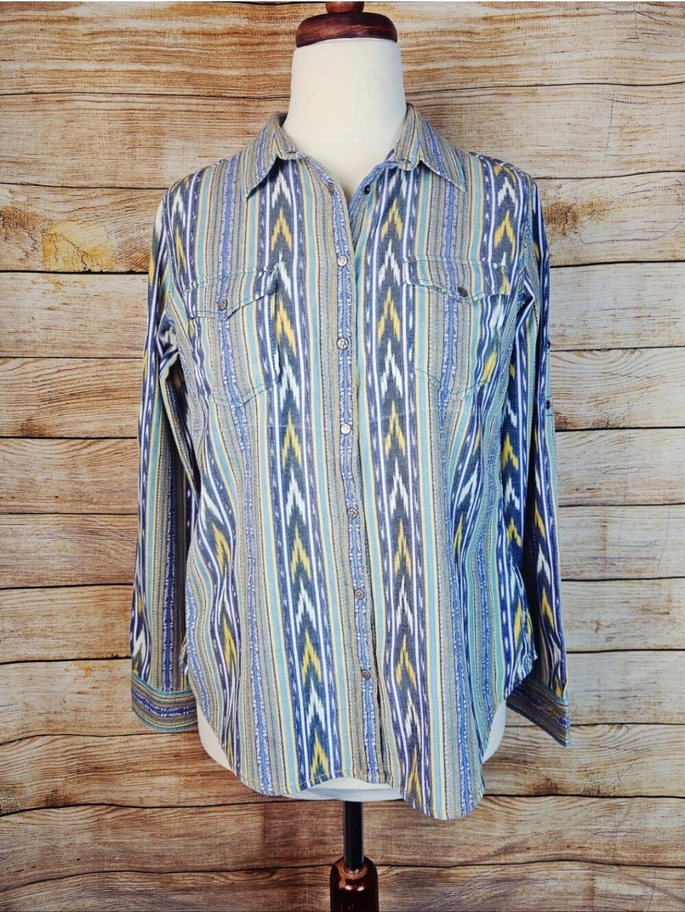 Ryan Michael Southwest Print Snap Front Cotton Long Sleeve Shirt Size Large